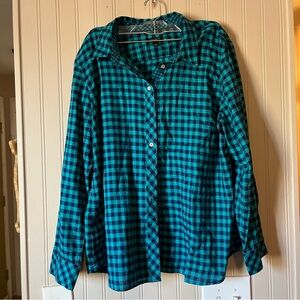 Talbots Women’s Teal Black Checkered Button Down Shirt XLp